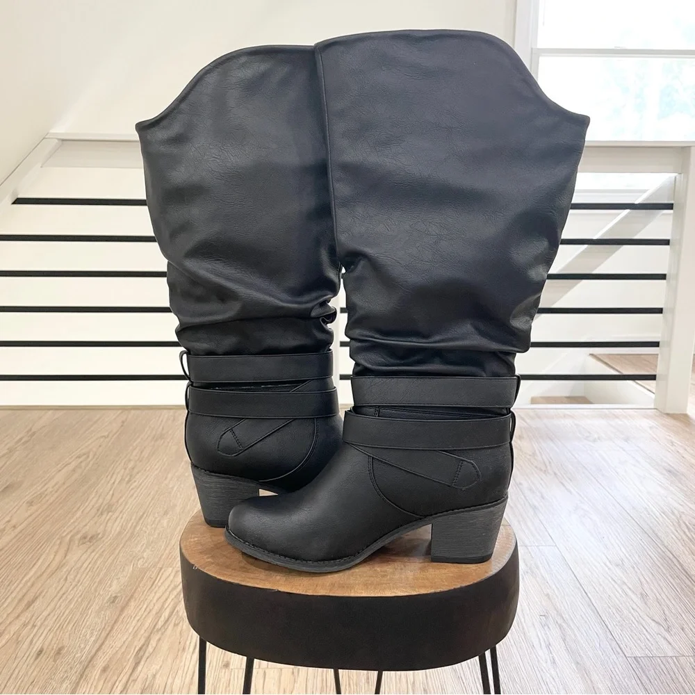 Black, vegan faux leather double buckle block heel knee-high boots